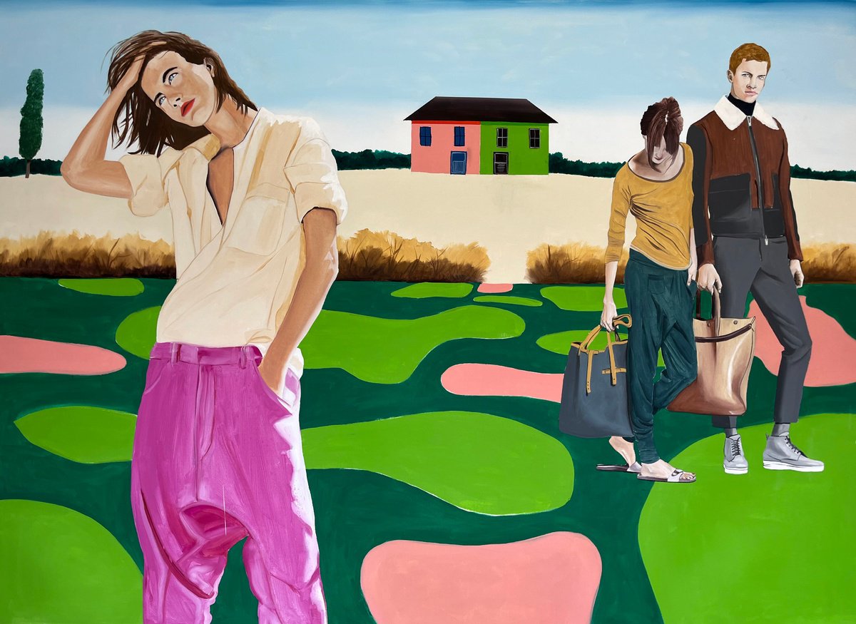 Urban And Pop Portrait Oil Painting By Kujbus Janos, 77 X 55", Outward Bound, Original Artwork