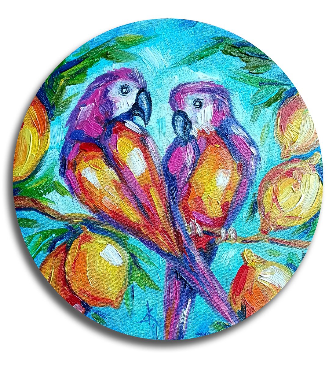 Impressionistic Animal Oil Painting By Anastasia Kozorez, 8 X 8, Tropical Duet - Parrots, Original Artwork