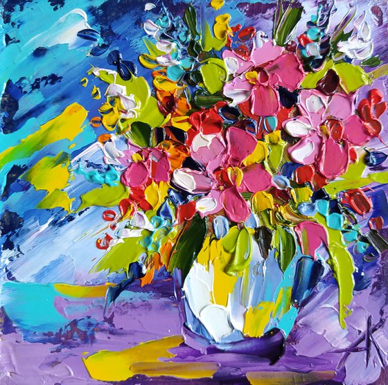 Small bouquet - small painting, flowers oil painting, oil painting, flowers, postcard, bouquet, gift idea, gift