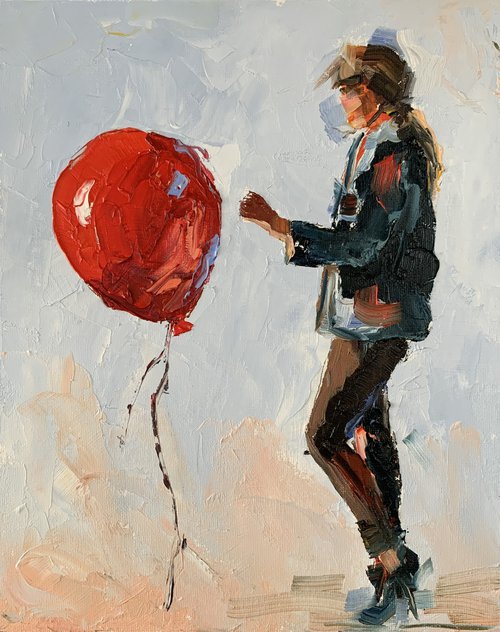 Woman with a red air balloon. by Vita Schagen