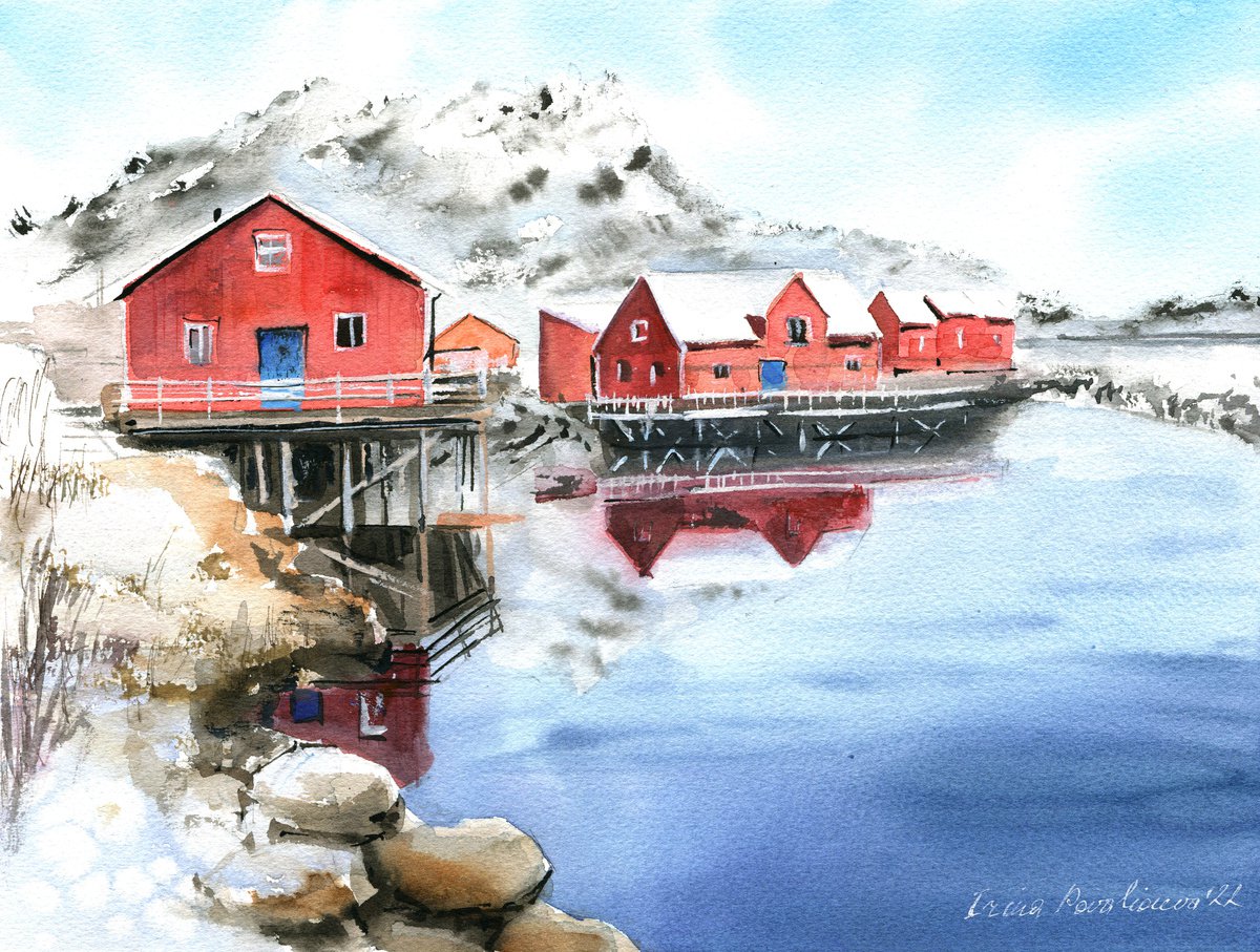 Scandinavian painting with red houses, ocean painting , gift idea, , original watercolor... by Irina Povaliaeva