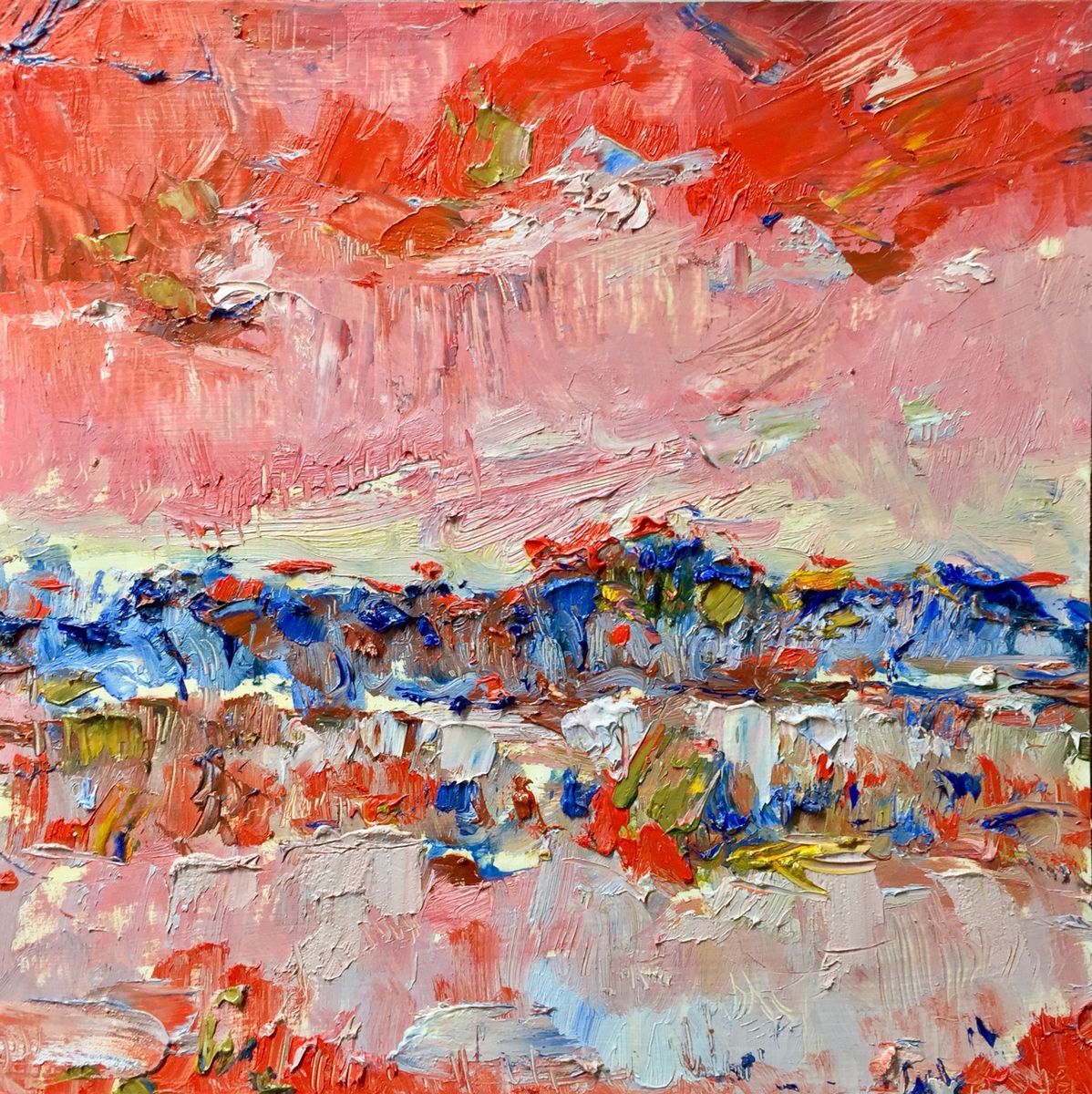 Expressive Landscape Oil Painting By Altin Furxhi, 17 X 17, Abstract In Red 2, Original Artwork