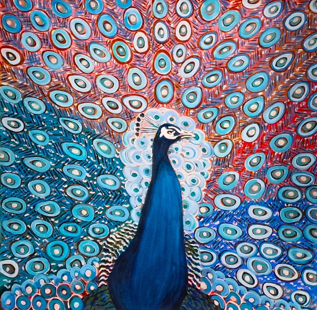 Impressionistic Animal Acrylic Painting By Alexandra Djokic, 31 X 31, Peacock, Original Artwork