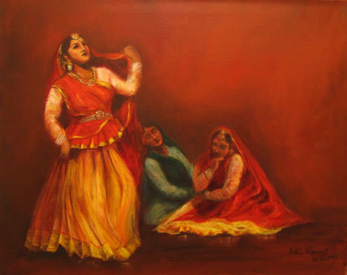 Indian Dancers - Kathak Dance of Gopis searching for Krishna 24x 30 by Asha Shenoy