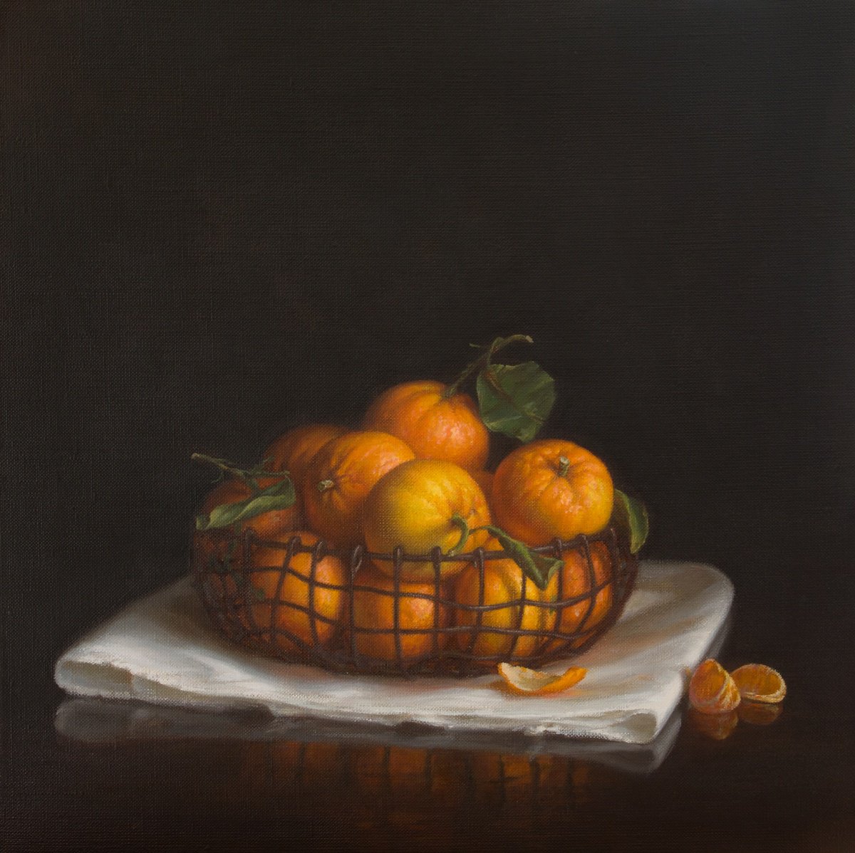 Photorealistic Still Life Oil Painting By Irina Trushkova, 16 X 16, Basket With Tangerines, Original Artwork