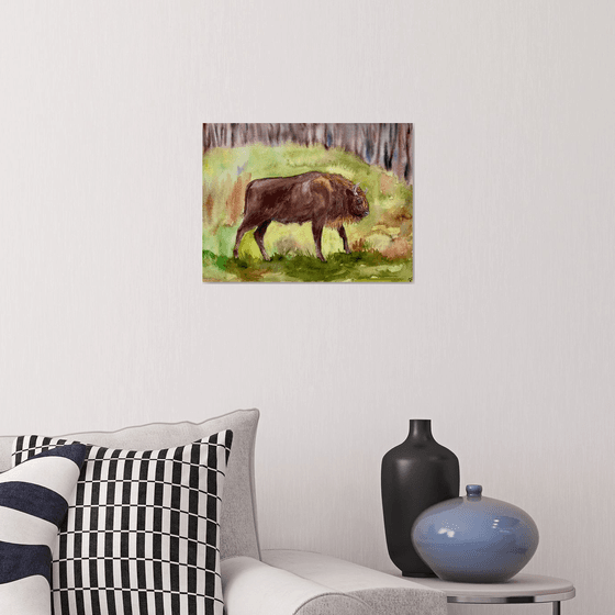Bull Watercolour Painting, Buffalo Artwork, Bison Cow Wall Art, Farm Animal Art