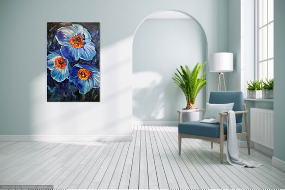 FLOWER OF TIBET - indigo colours, floral art,  large size, original oil painting