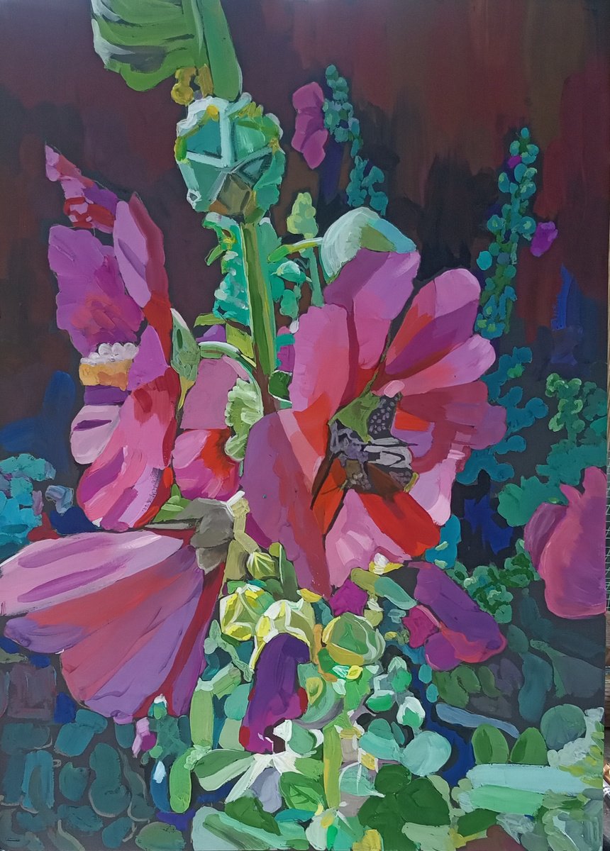 Impressionistic Botanical Painting By Valentina Kachina, 20 X 28", Mallow, Original Artwork