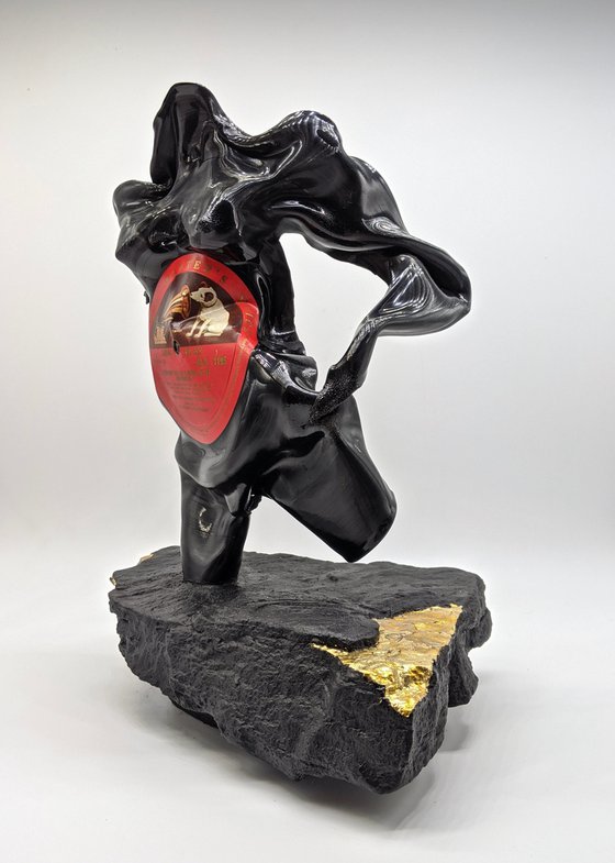 Female Figurative Sculpture, Vinyl Classical Music Record on Black Stone Gold Leaf Beethoven