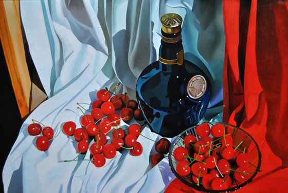 Still life with cherries 2 , Original oil on canvas painting