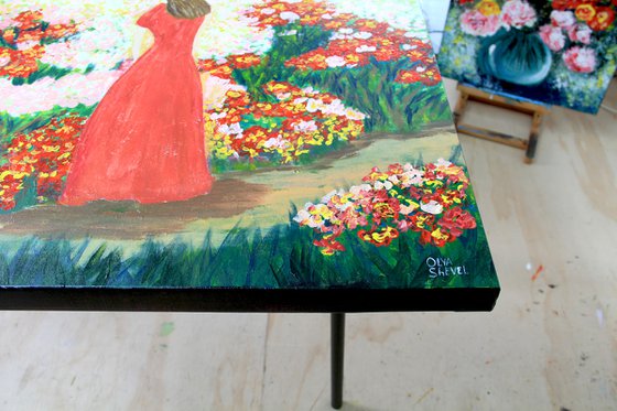 Silhouette of a girl in a rose garden. Original painting on canvas