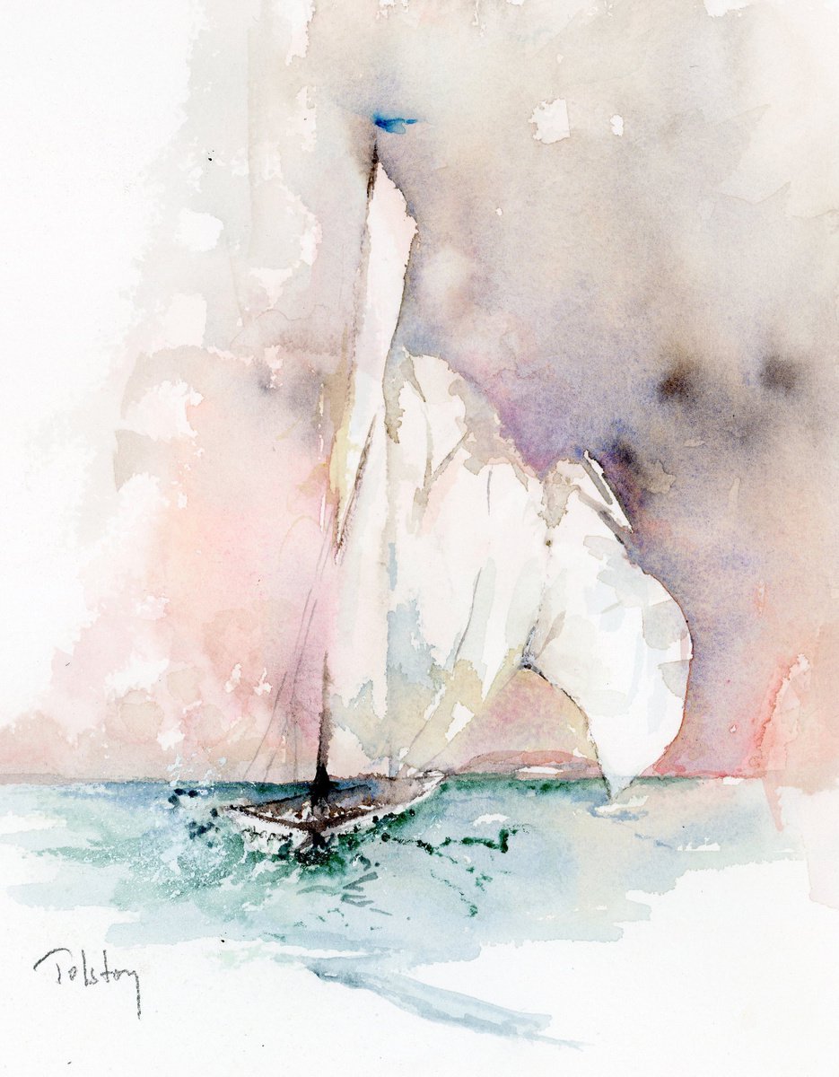 Impressionistic Landscape Watercolour By Alex Tolstoy, 10 X 14, Under The Wind, Original Artwork