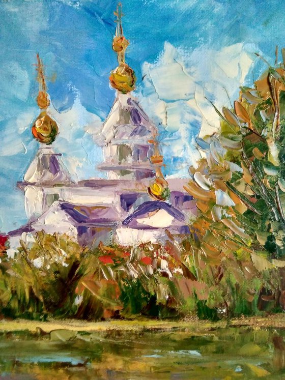 Autumn etude Russian Church Painting Fall Landscape Original Art Chapel Impasto Artwork Temple Wall Art