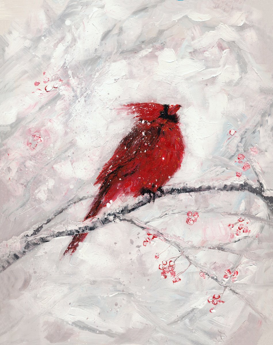 Expressive Animal Acrylic Painting By Doriana Popa, 16 X 19, Red Cardinal, Original Artwork