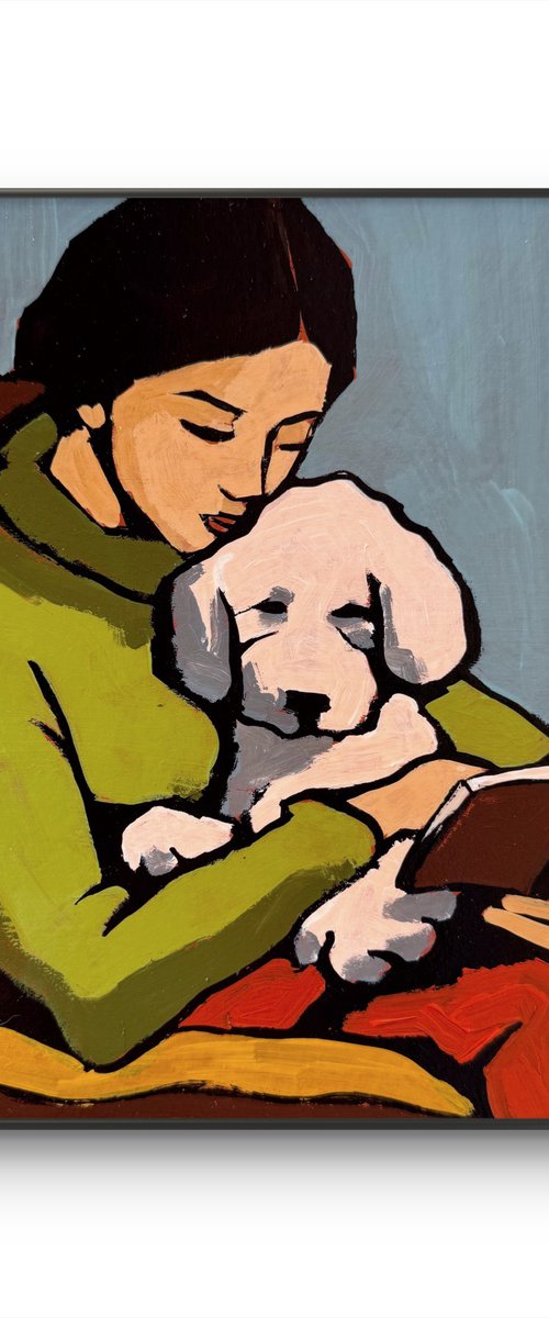 Woman Reading to Dog - Original Art 8x8 inch by Daria Baklykova
