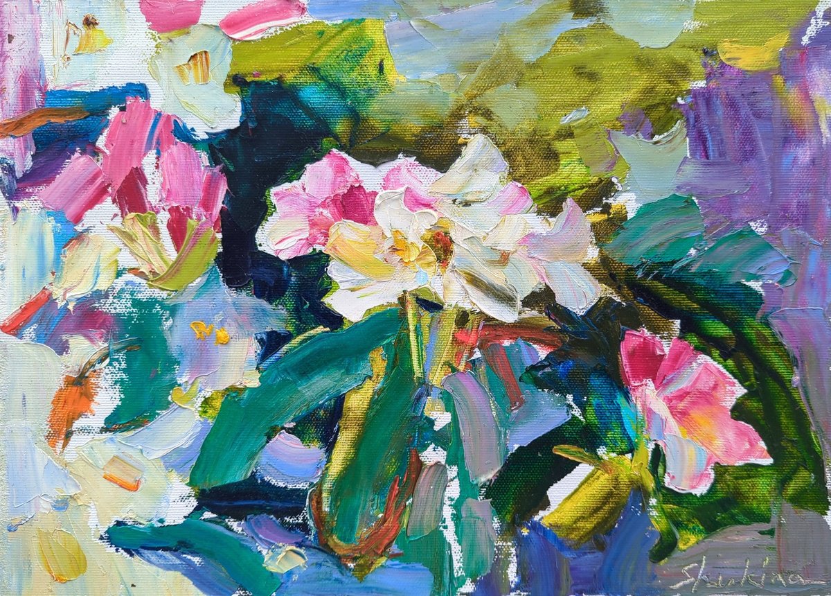 Summer impressions . Sunny azalea  .  Original oil painting by Helen Shukina