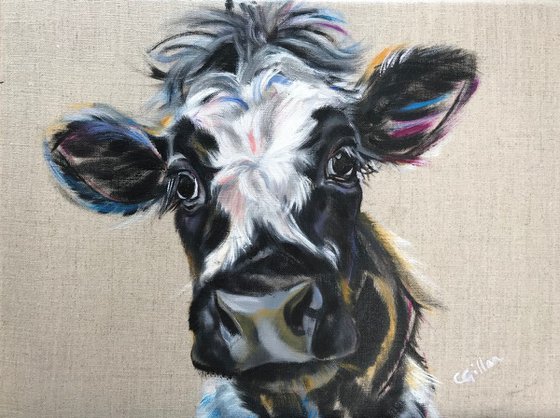Sleepyhead - Black & White Holstein Cow original oil painting