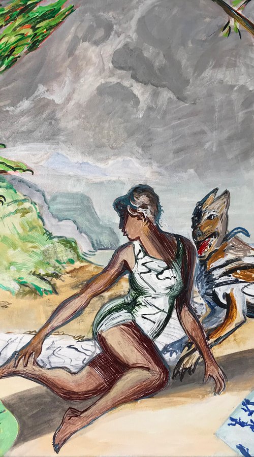 Bather and her Dog at Charmouth Beach by Frank Creber