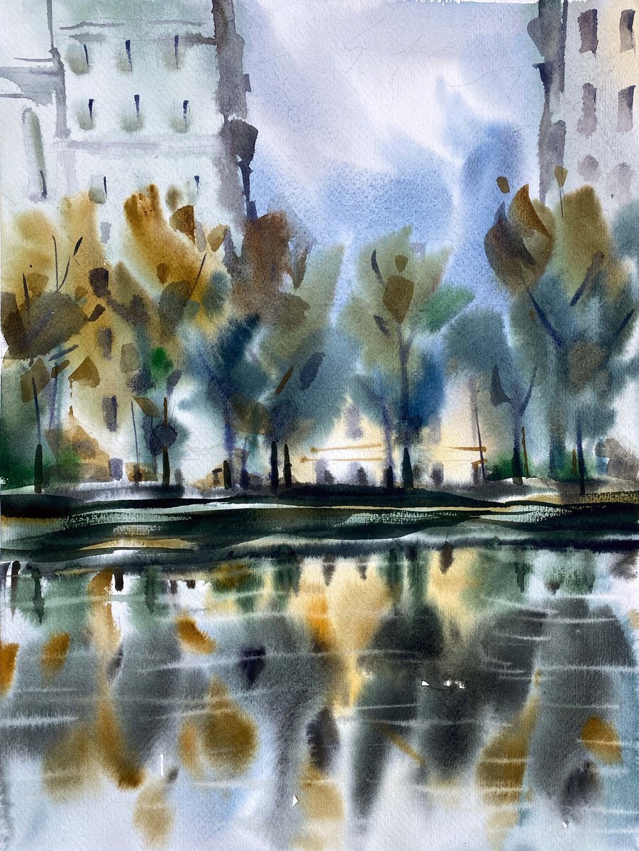 Impressionistic Cityscapes Watercolour By Galina Poloz, 12 X 16, ?lean Ponds., Original Artwork