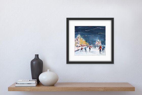 Skating rink on Red Square, Moscow. Original watercolor artwork.