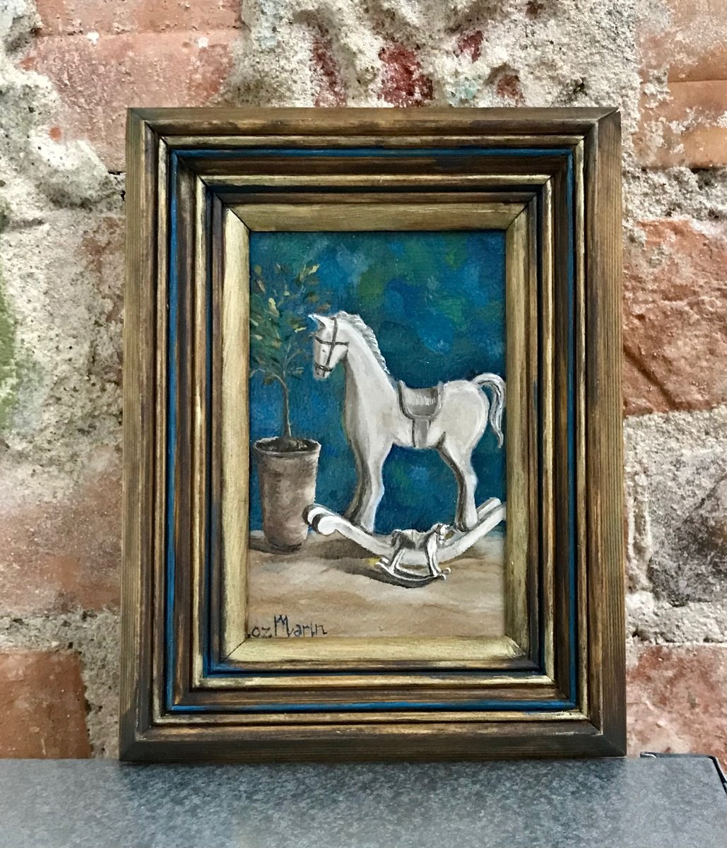 Naive Animal Oil Painting By Marina Deryagina, 1 X 1", Rocking Horse 1.3, Original Artwork
