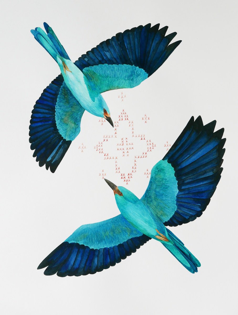 Re:connection - 2 European rollers in flight by Karina Danylchuk
