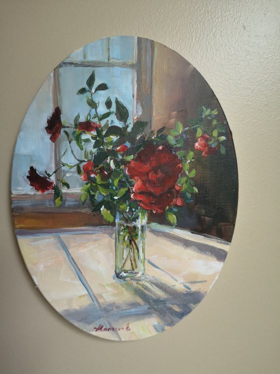 Wild roses by the window (9x12" oval canvas)