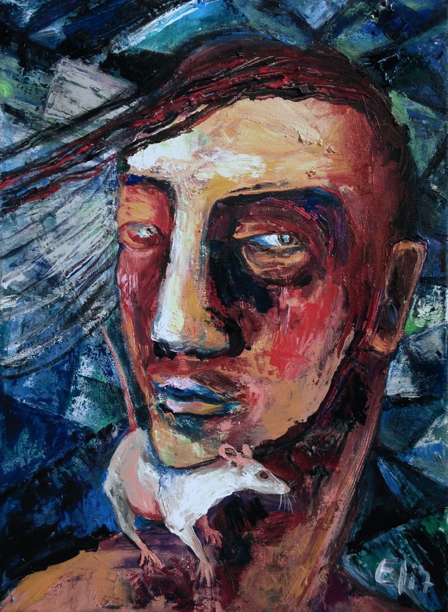 Expressive Portrait Acrylic Painting By Elisheva Nesis, 12 X 16, Lab Rats, Original Artwork