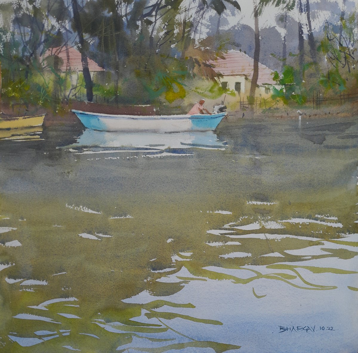 Impressionistic Landscape Watercolour By Bhargavkumar Kulkarni, 15 X 15, Rural Goa, Original Artwork