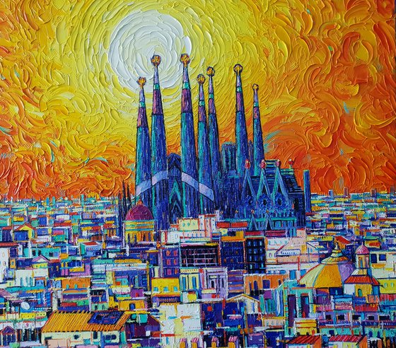 BARCELONA ABSTRACT CITYSCAPE FIERY SUNSET OVER SAGRADA FAMILIA textural impasto palette knife oil painting by Ana Maria Edulescu