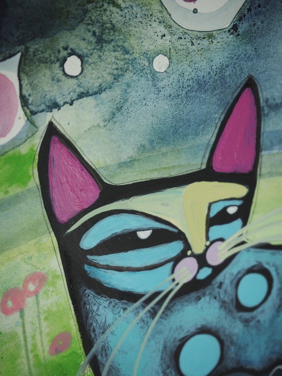Happy Night Swim - funny cat art