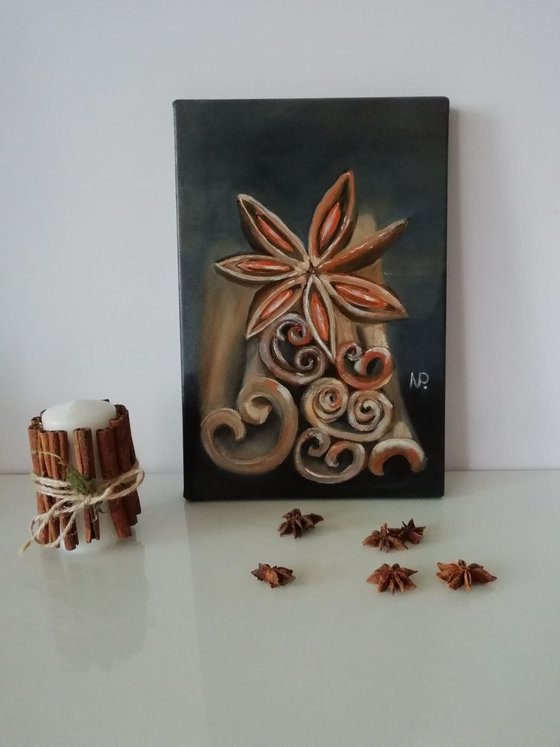 Cinnamon, still life, spice, small oil painting