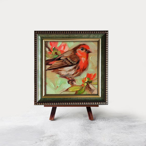 Sparrow red chest bird painting original, Sparrow oil painting framed, Mini picture of birds in frame, Burn orange bird art gift for Mom