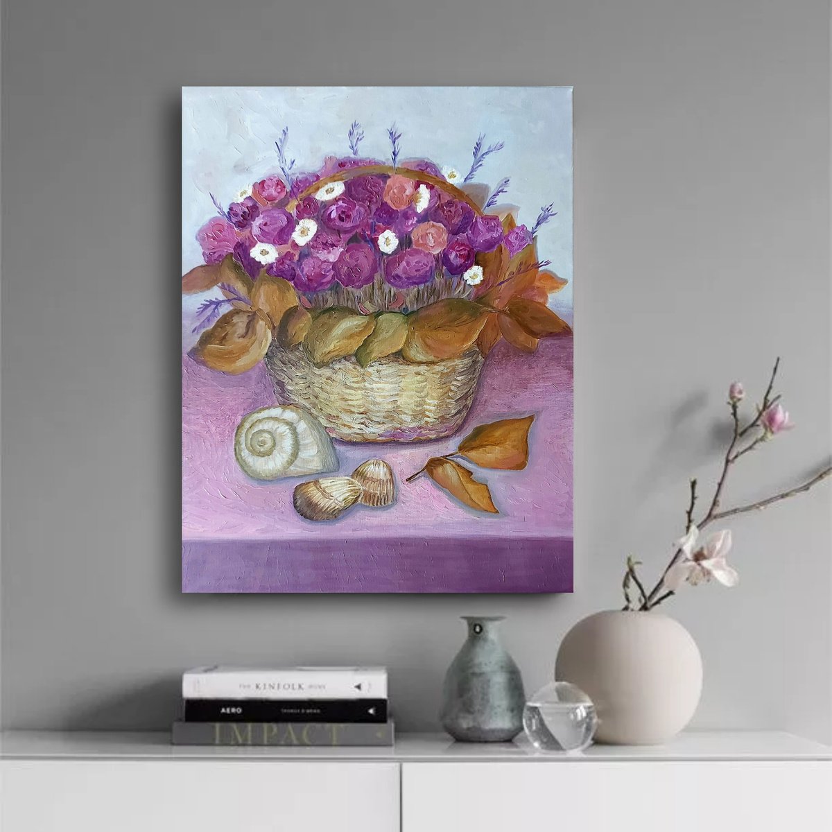 Roses, chamomile, lavender and shells. Pink still life. by Tatiana Popova