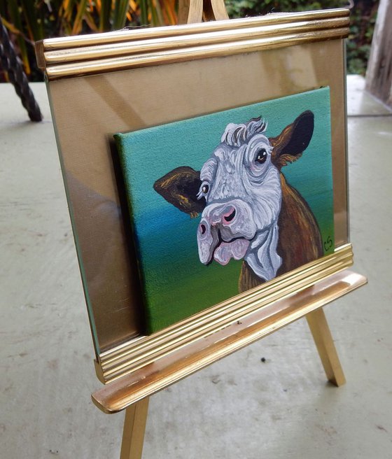 ACEO ATC Original Painting Brown Cow Farmyard Art-Carla Smale