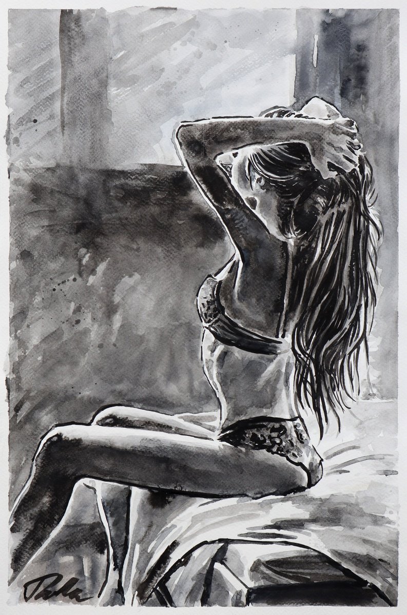 Urban And Pop Portrait Ink Drawing By Tashe, 12 X 18", A Moment Of Grace, Original Artwork