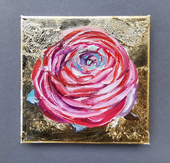 Pink Ranunculus miniature with gold on canvas