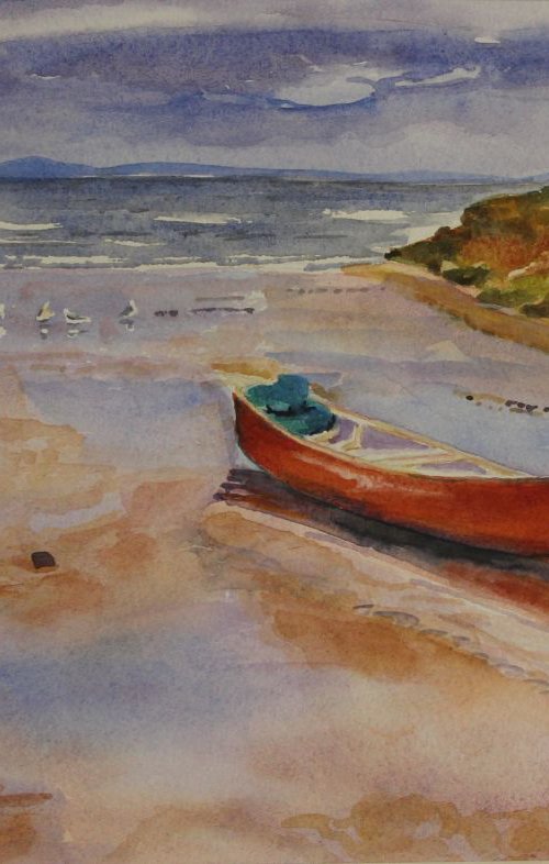 Red Boat by the beach by Geeta Yerra