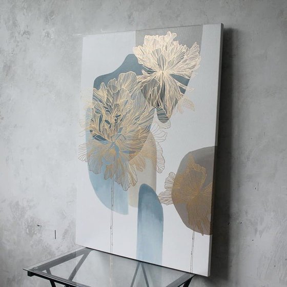 "Thinness 5" Blue gold flowers abstract art