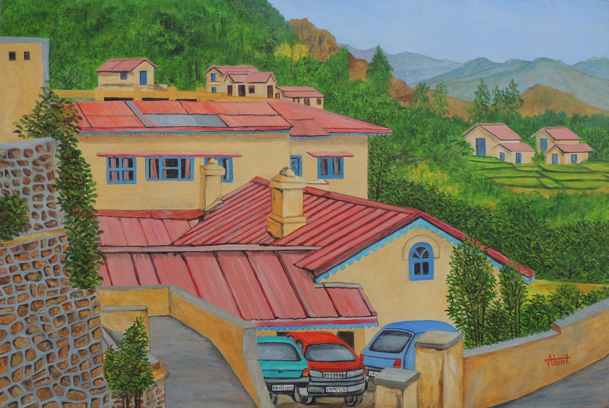 Photorealistic Cityscapes Oil Painting By Ajay Harit, 45 X 30, Beautiful Homes, Original Artwork