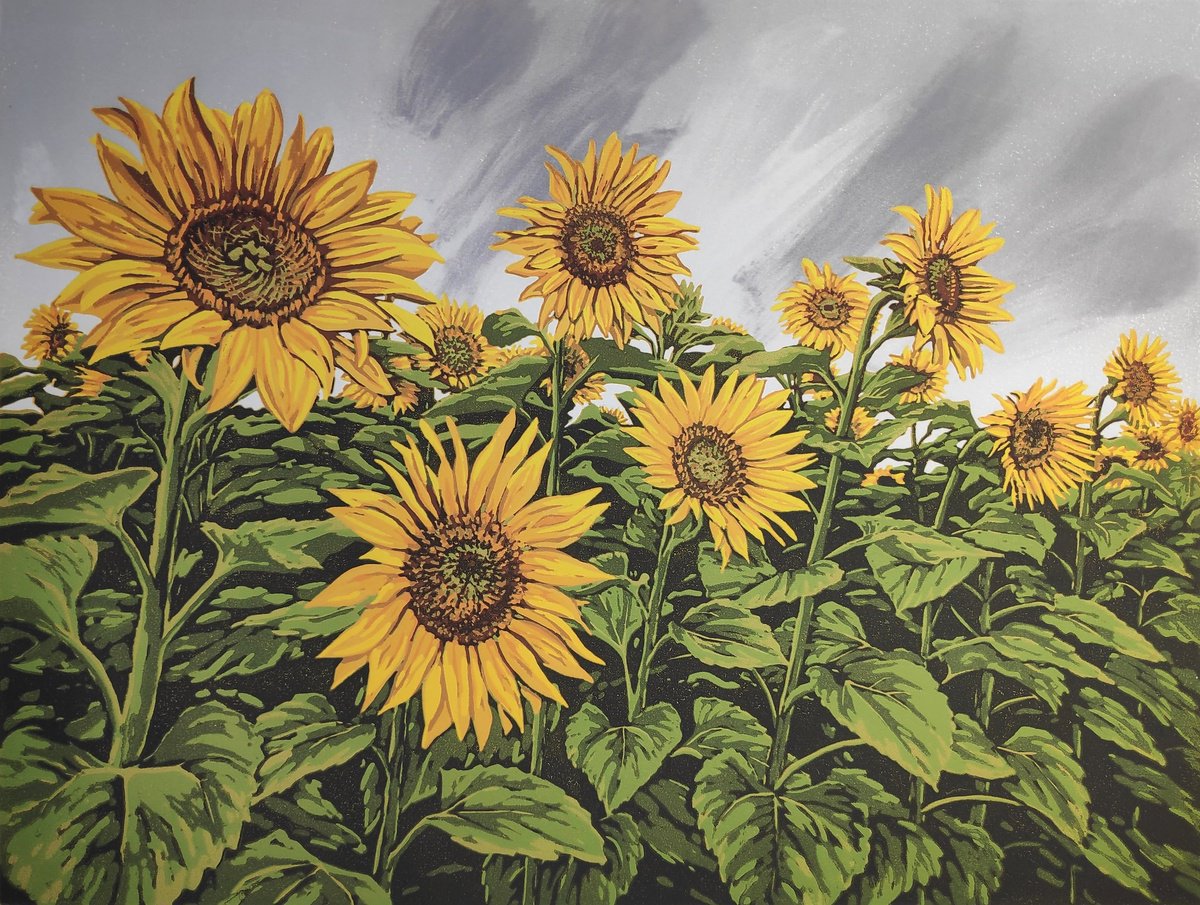 Photorealistic Botanical Linocut By Alexandra Buckle, 18 X 14, Sunflowers, Rain Showers, Original Artwork