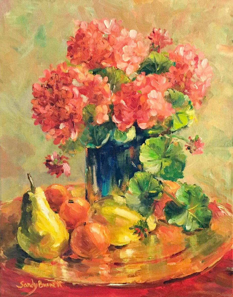 Geraniums and pears by Sandra Burnett