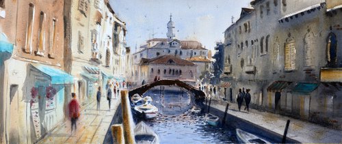 Twilight canal of Venice Italy 23x54cm 2020 by Nenad Kojić watercolorist