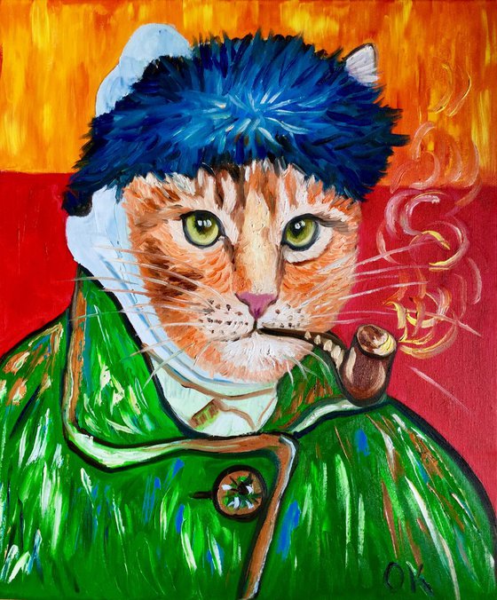 Cat La Van Gogh. Version of famous self portrait of Vincent Van Gogh with a pipe and missing ear