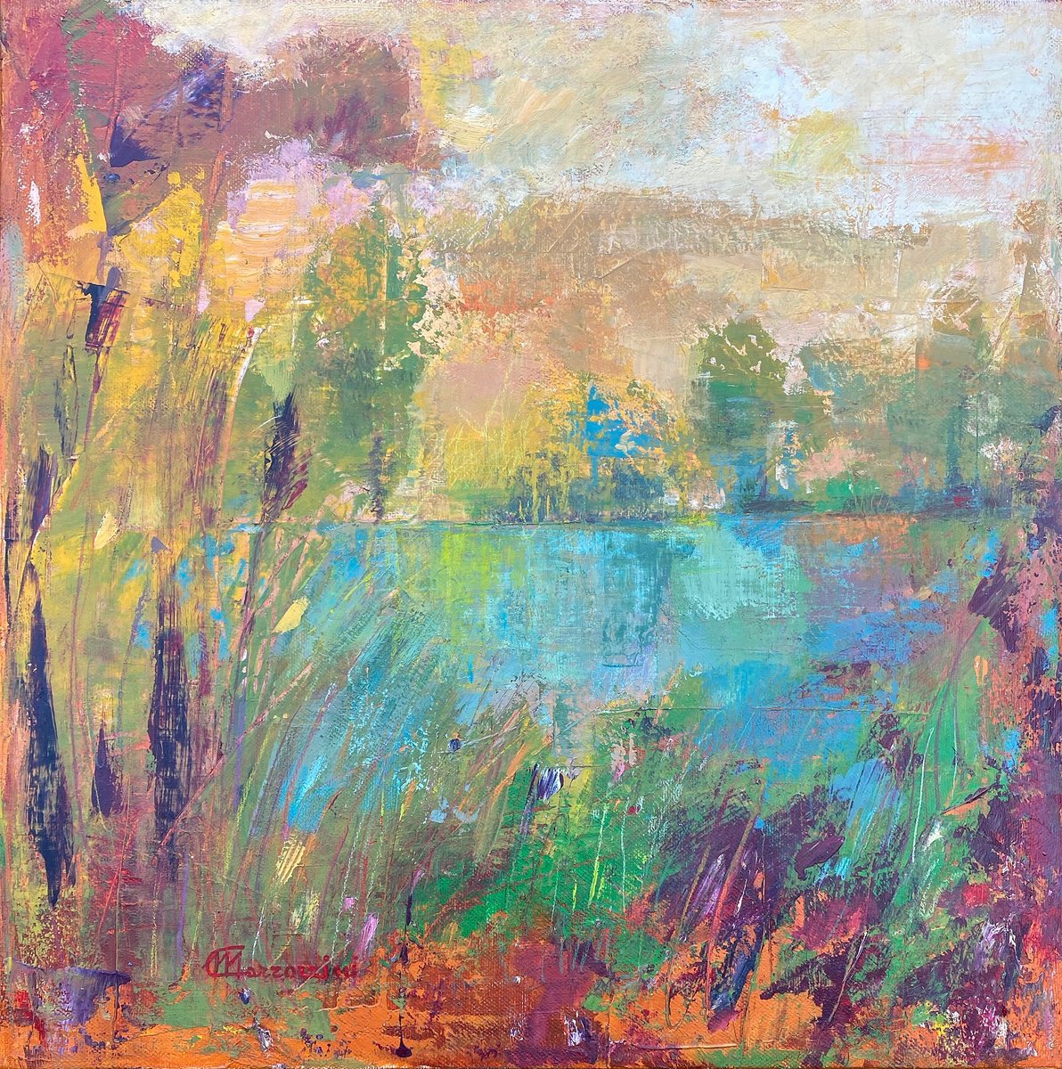 Abstract Landscape Acrylic Painting By Marcello Carrozzini, 16 X 16", I Segreti Del Lago, Original Artwork
