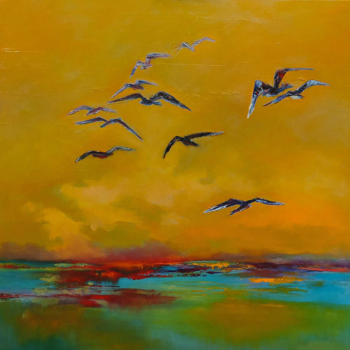Impressionistic Landscape Oil Painting By Veta Barker, 36 X 36", Sunset With Seagulls., Original Artwork