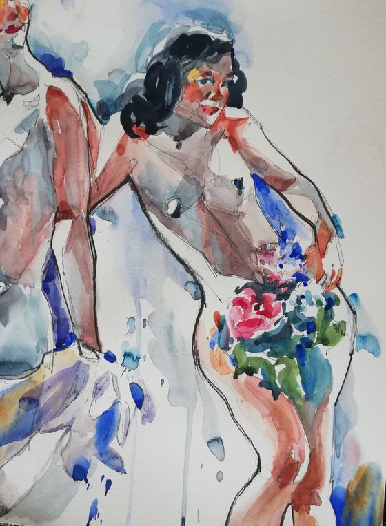 Two Nudes with Bouquet
