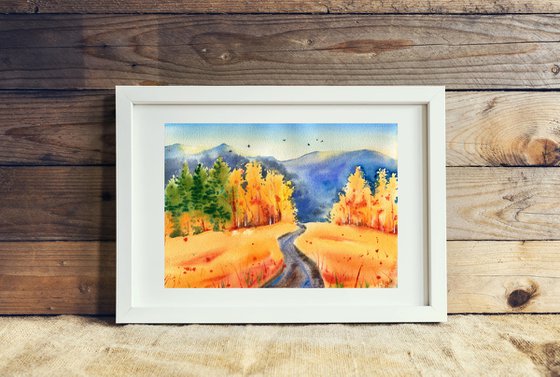 Colorful autumn landscape. The road to the mountains. Original watercolor artwork.