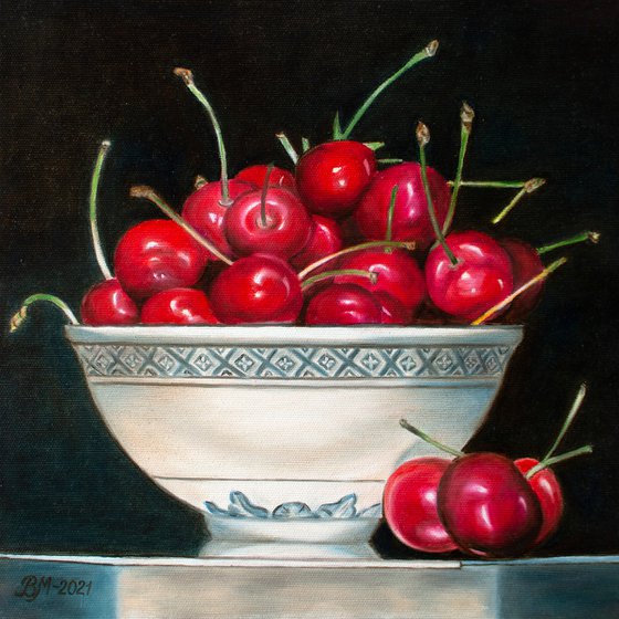 BOWL OF CHERRIES by Vera Melnyk (gift, Original Oil Painting Gift for nature lovers)