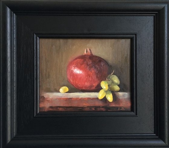 Pomegranate & Green Grapes; Classical still life oil painting.